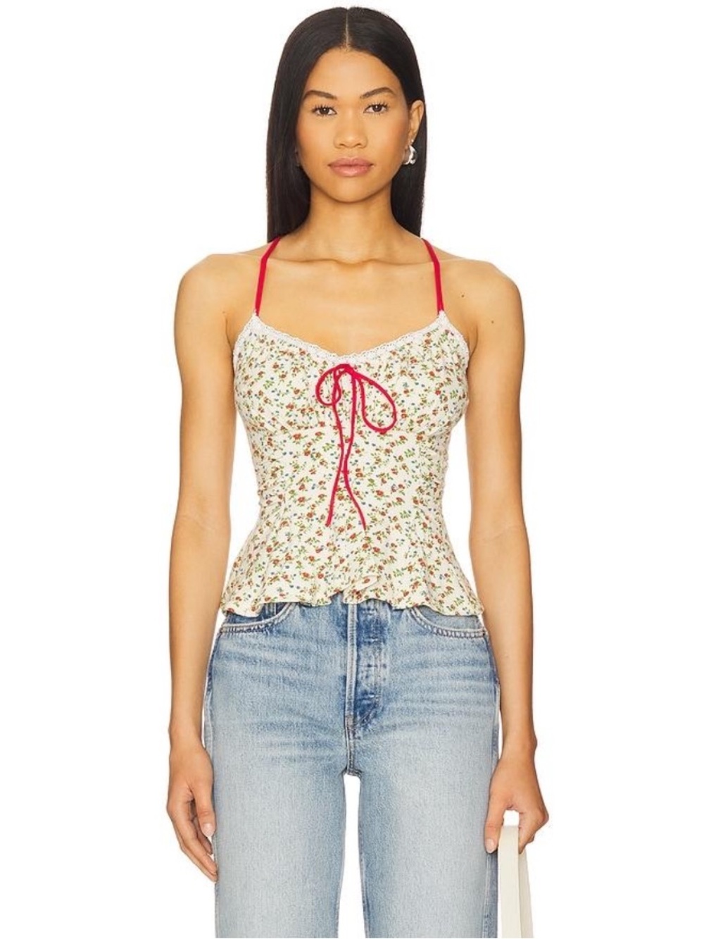 Free People Cream Floral Tie-Front Cami with Red Straps